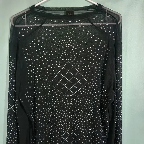 Black Sheer Rhinestone Mesh Top Long Sleeve Sparkly Party Blouse - Picture 2 of 5